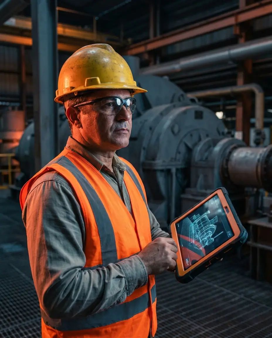 Operador usando o simulador 3D em um tablet na planta